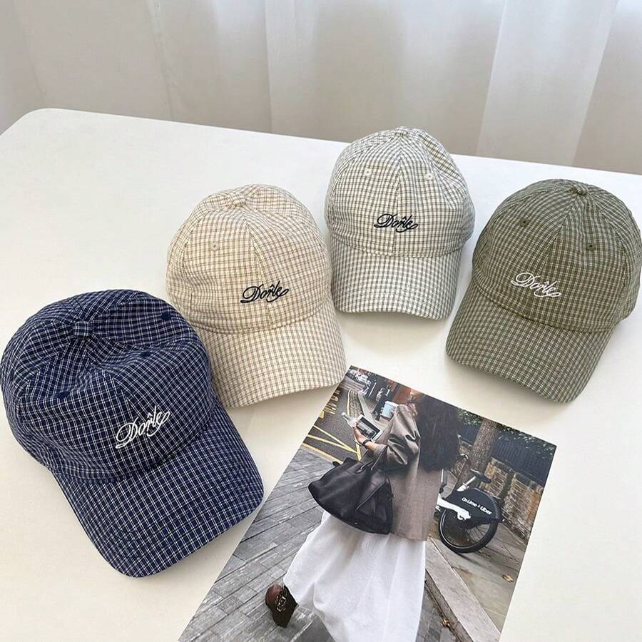 Minimalist Embroidered Letter Soft Top Retro Plaid Brimmed Cap, Thin Long Brim Sun Protection 5-Panel Hat, Streetwear Flat Brim Unisex Checkered Baseball Cap, American British College Style, Large Head Circumference Sun Protection Sports Cap - College Style - View 1