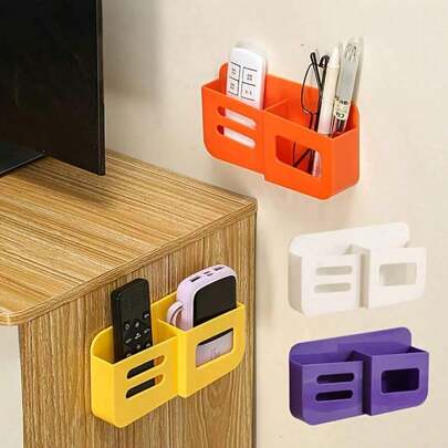 Wall-Mounted Multifunctional Storage Organizer With Phone Charging Stand And Remote Control Holder - Dual-Compartment Bedside Desktop Organizer, Space-Saving Plastic Storage Rack, Available In White, Purple, And Orange, Suitable For Home Office, Children's Room, Dormitory.
