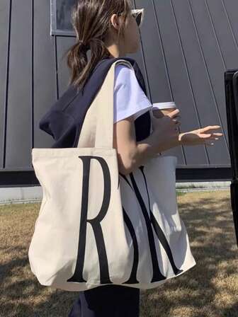 Fashionable Casual Large Capacity Shoulder Tote Bag, Retro Japanese Design Shoulder Handbag, Minimalist Letter Canvas Bag, College Student School Bag, Daily Commute Shopping Bag, Suitable For College Students, Work Commute, Shopping, Travel, Fitness, Unisex