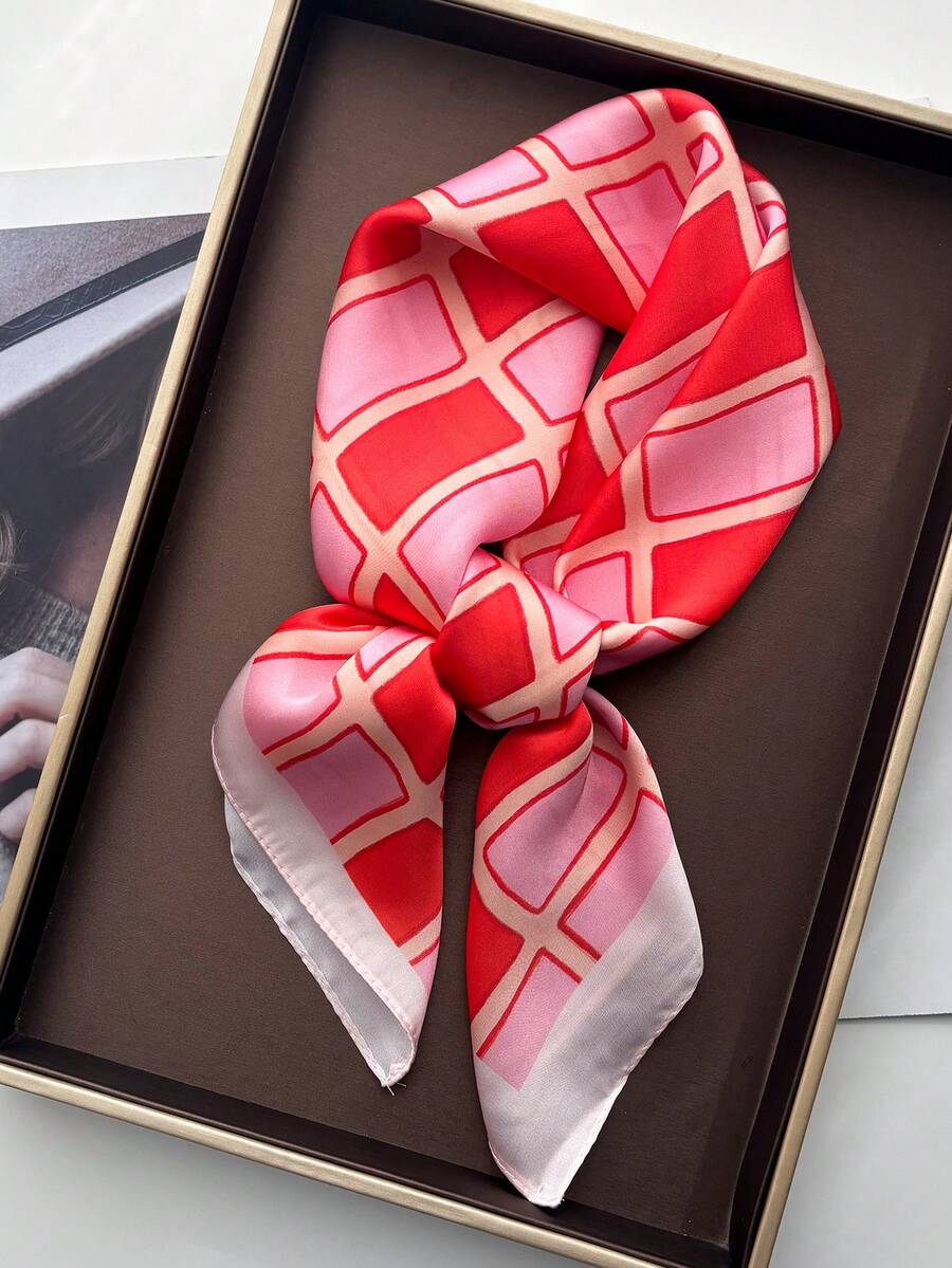 1pc 2026 Vintage French Style Rectangular Pattern Faux Silk Printed 65*65cm Scarf, Unisex Headscarf, Shawl, Suitable For Outdoor, Riding, Work, Travel, Street Dance, Party, Dating - Pink - View 1