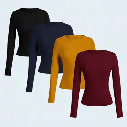4 P ACK Women's Casual Tight-Fitting Long Sleeve Base Layer T-Sh irts, Fall