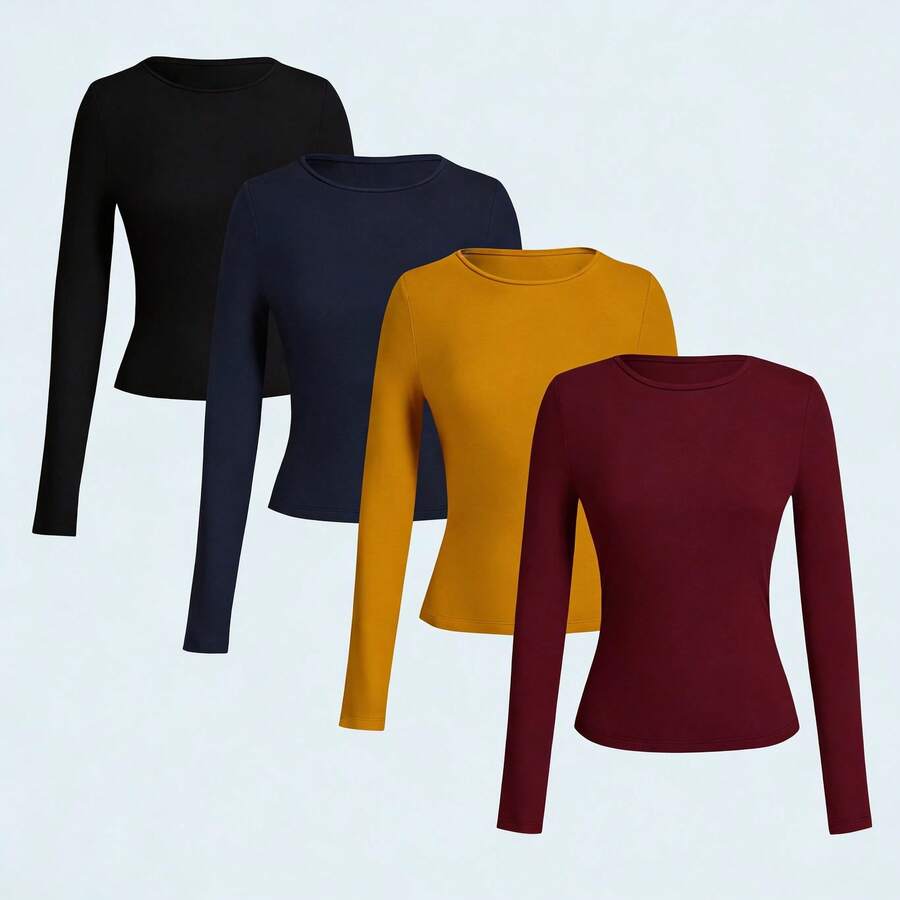 4 P ACK Women's Casual Tight-Fitting Long Sleeve Base Layer T-Sh irts, Fall - Multicolor 6 - Ver 1