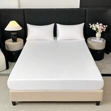 1套缎面纯色床笠3件套，现代简约风格涤纶条纹面料，亲肤柔软，适用于酒店、旅馆、家庭、宿舍等。 - 白色 - 查看 14