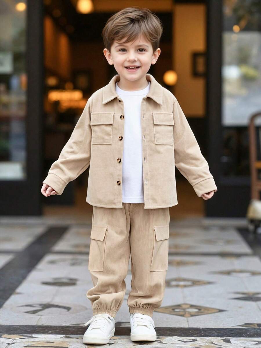2件套男童及儿童灯芯绒休闲多口袋长袖衬衫和翻盖口袋长裤套装，适合日常聚会、度假、外出等场合。 - 杏色 - 查看 1