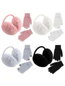 Two Pieces Winter Ear Muffs And Gloves Set, Foldable Women's Ear Muffs With Plush Faux Fur Headband, Suitable For Winter Use - Gloves + Earmuffs - View 8