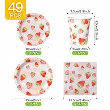 草莓图案一次性餐盘、餐巾纸、杯子套装，派对用品，可供8位客人使用，一次性纸盘，派对餐具，适用于生日、婚礼、主题派对、家庭野餐 - 彩色 - 查看 2