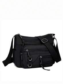 Women's Solid Color Nylon Multi-Layer Zipper Adjustable Shoulder Strap Shoulder Diagonal Crossbody Bag With Metal Decoration - Black - View 6
