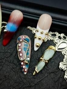 DIY Zebra/Leopard Print Nails10pcs French Tips Nail Art White/Gold/Green/Orange Long Stiletto Acrylic Press On Nails 3D Carving Flowers 3D Beans 3D Gold Circles Diamonds Blending, Cat's Eye For Holiday/Daily With Free Gel Sticker Nail File. - 彩色 - 查看 7