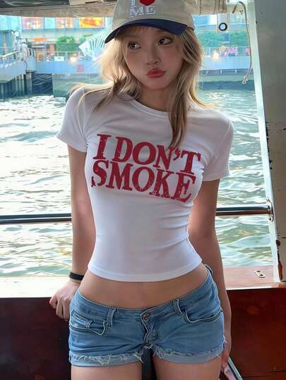 Women's Round Neck Short Sleeve T-Shirt American Hot Girl, Summer New Letter Print, Slim Fit Fashion Cropped Top