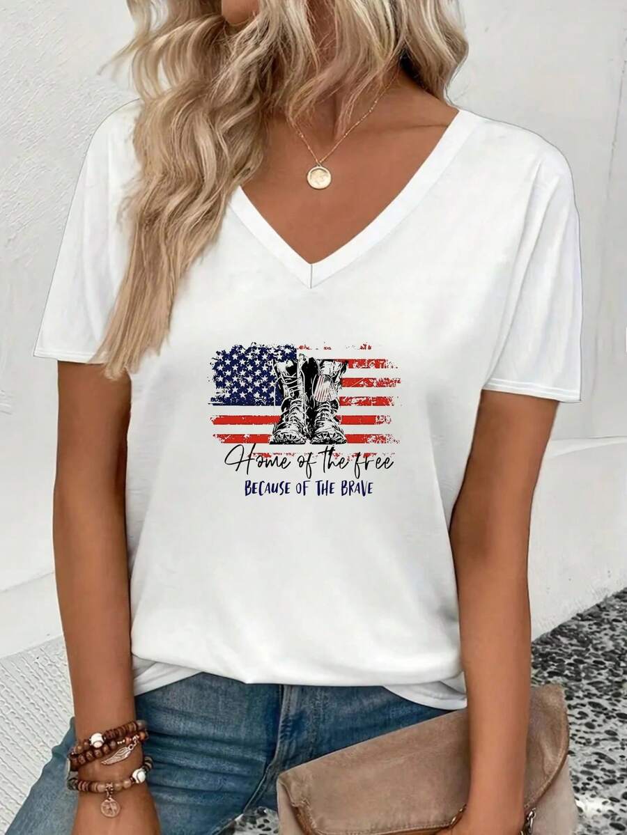 Women's V-Neck T-Shirt With American Flag Print Home Of The Free Because Of The Brave Patriotic Graphic Tee Fclothes Independence Day - 白色 - 查看 1