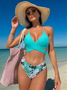 夏季随机印花性感波西米亚交叉肩带细肩带比基尼泳装海滩度假两件套 - 薄荷綠 - 查看 4