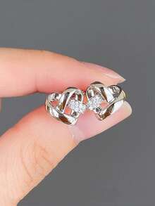 Heart Intertwined Stud Earrings For Women, Sweet Rhinestone Inlaid Love Earrings, Fashion Light Luxury Heart Design Earrings, Elegant Versatile Delicate Minimalist Ear Jewelry