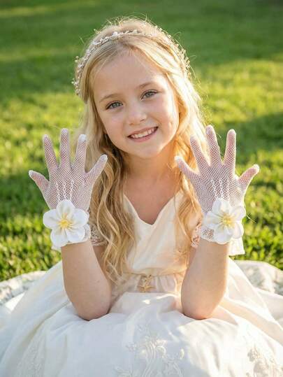1 Pair Girls' White Floral Breathable Bowknot Mesh Net Fingerless Gloves, Suitable For Wedding Dress, Photo Shoot, Stage Performance, Princess, Flower Girl, Birthday, Highly Elastic Five-Finger Gloves