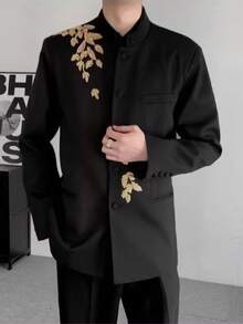 Autumn New Chinese Heavy Industry Embroidered Jade Orchid Zhongshan Suit Jacket Retro Handsome And High End Men's Suit - màu đen - Xem 2