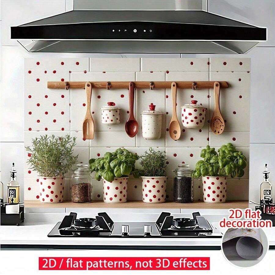 1pc 2D Flat | Kitchen Wall Sticker | A Kitchen Wall Decorated With Kitchen Utensils And Green Plant Pots, Creating A Vibrant Atmosphere | Easy-To-Remove Decoration | Perfect For Outdoor, Garden, Or Home Use. Wallpaper, Wall Sticker, Decorative Wall Decal, Wall Decoration, Self-Adhesive Paper - Multicolor - View 1