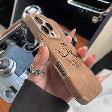 1pc Khaki Suede Texture Couple Handshake Pattern Minimalist Retro Style Phone Case Compatible With IPhone 16/15/14/13/12/11 Series