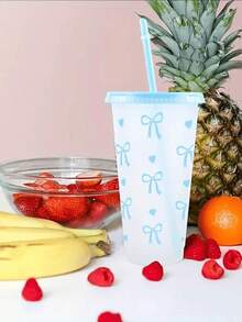 1个/5个装 710毫升/24.98盎司 可重复使用塑料杯，带粉色丝带、吸管和盖子，塑料吸管杯，粉色蝴蝶结心形吸管杯，旅行杯，塑料杯，奶茶杯，冰咖啡杯，夏季饮料杯，大容量果汁杯，为您的冰咖啡、水、奶昔提供充足空间 - 彩色 - 查看 6