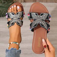 Women's Flat Sandals, Vacation Style, Black Pearl, Fashion Metal Buckle, Pattern, Rhinestone Beach, Spring/Summer 2026 - Black - View 14