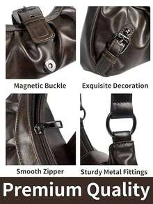 Y2K Vintage Soft Distressed Leather Motorcycle Bag With Rivet, Buckle, Pleated Cloud Decor, Shoulder/Underarm Bag, Suitable For Work, Commute, Date, Party, Street & Japanese Bag For Women, Halloween Purse Perfect For Fancy Party Halloween Fashion & Gothic Fashion , Vintage Bag - 咖啡棕 - 查看 3