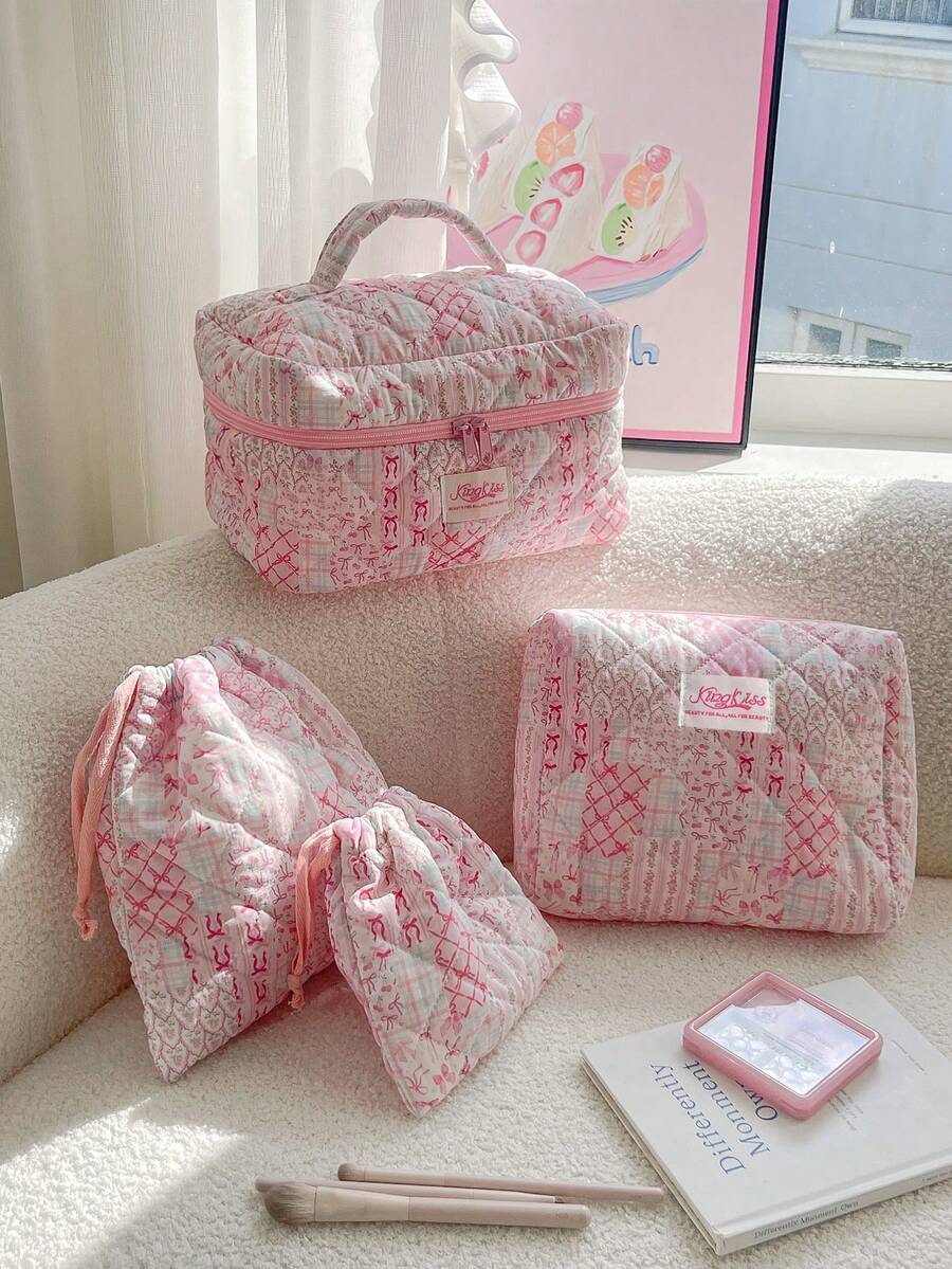 1个粉色拼接花卉蝴蝶结绗缝化妆包，大容量拉链化妆包，便携旅行度假必备，可收纳卫生巾、钥匙、手机、充电器、口红、化妆品、香水、化妆刷等，是护肤品和美容产品的理想收纳之选，适合女性、学生、女孩使用，也是节日礼物、生日礼物和送给闺蜜的绝佳选择。 - 粉色 - 查看 1