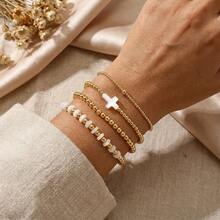 1/3pcs Set Bohemian Classic Minimalist Golden Bead Bracelet Set, Elastic 18K Gold Plated Cross Bead Bracelet, Stacking Golden Bead Bracelets, Classic Minimalist Golden Bead Bracelet, Minimalist Fashionable Personalized Bracelet, Perfect Gift For Her, Valentine's Day Gift, Anniversary Gift, Wedding Gift, Mother's Day Gift, Friend Gift