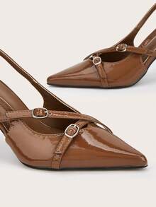 Tacones de punta, de cuero patentado, con cierre de hebilla, tacones delgados, adecuados para fiestas, banquetes, ir a la oficina y uso diario - Café integral - Ver 5