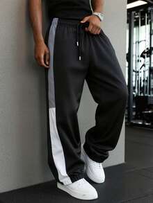Men's Drawstring Sports Pants, With Waist Drawstring, Side Pockets, Unique Striped Design, Suitable For Running, Ball Sports, Fitness And Other Sports Activities Spring - Black - View 1