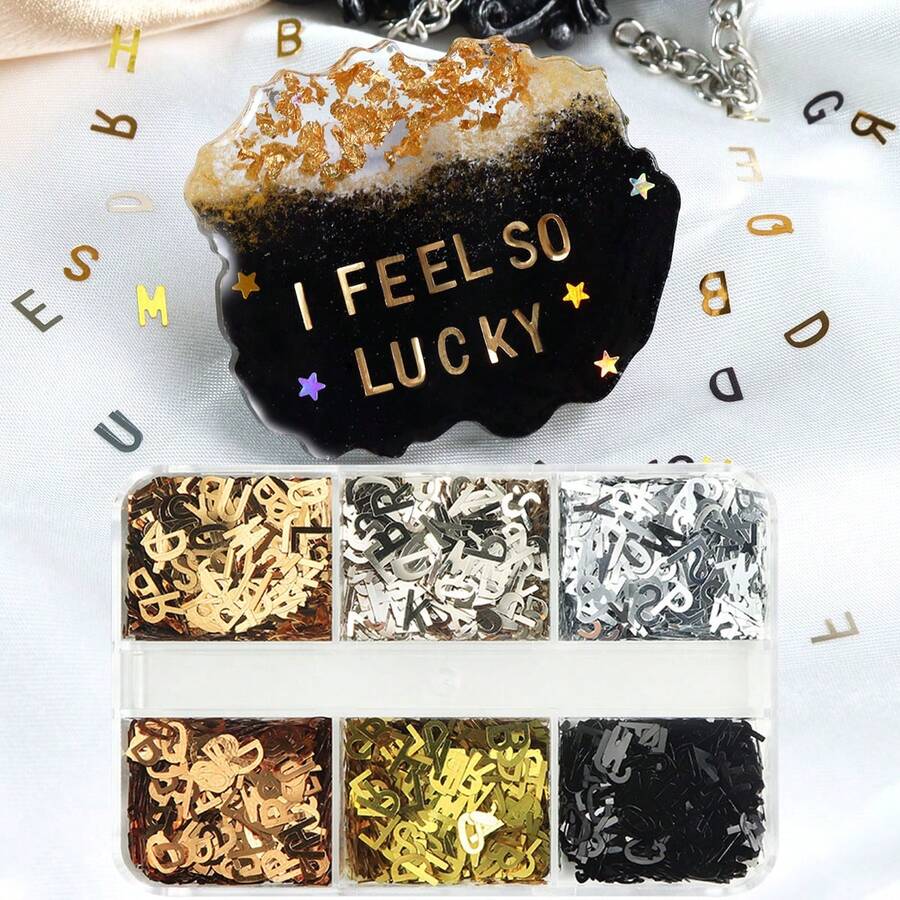 6 buah Payet Huruf Inggris Warna Metalik Isi Resin dan Epoxy, Cocok untuk Hadiah Musim Gugur, Kerajinan Gantungan Kunci dan Liontin DIY - MultiWarna - View 1