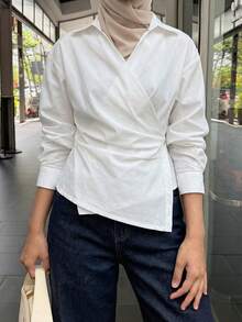 DAZY 女式纯色 V 领衬衫，白色，春夏秋装长袖上衣 - 白色 - 查看 5