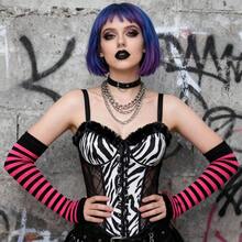 Nydotd Fingerless Long Sleeve Mittens Gloves Y2K Kawaii Japanese Harajuku Gothic Punk Knitted Striped Arm Warmer For Women,BlackFuchsia - 黑紫紅色 - 查看 6