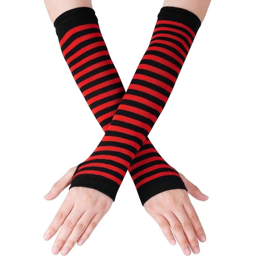 Nydotd Fingerless Long Sleeve Mittens Gloves Y2K Kawaii Japanese Harajuku Gothic Punk Knitted Striped Arm Warmer For Women,BlackRed - Đen Đỏ - Xem 1