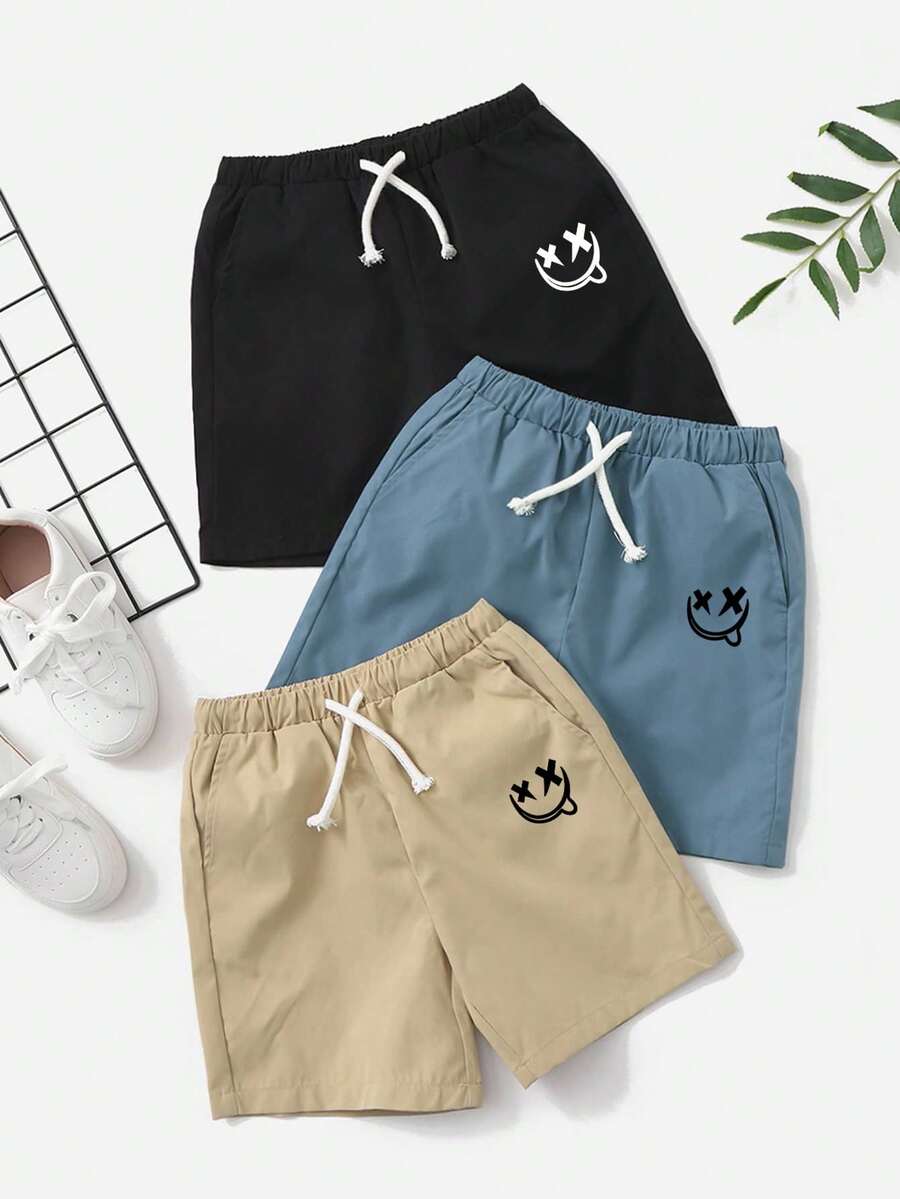3pcs/Set Boys' Knight Pattern Drawstring Waist Slant Pocket Shorts - Khaki - View 1