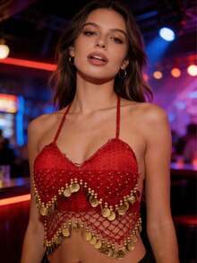 Women's Sequin Beaded Fringe Tie-Up Crop Top, Bohemian Style Belly Dance Costume For Performance - Multicolor - View 8