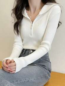 女式百搭拉链半领长袖针织毛衣上衣 - 白色 - 查看 4