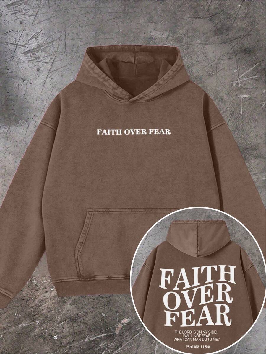 Men's Double-Sided Print Fashionable Autumn Washed Distressed Pocket Hoodie, Men's Vintage Washed Hooded Sweatshirt With Faith Over Fear Back Print - 棕色 - 查看 1