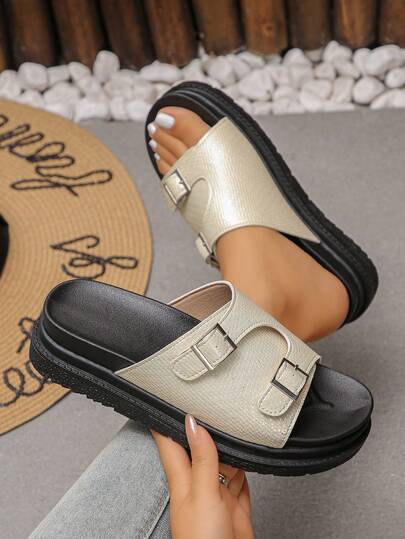 1 đôi sandal đế kép bằng da PU màu trơn thanh lịch, phụ kiện không thể thiếu cho mùa xuân và mùa thu.