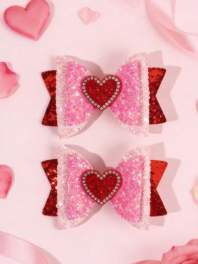 2pcs Sweet Valentine's Day Hair Clips, Red Heart Print Bow Hair Clips, Shiny Heart & Bow Hair Clips, Pink Satin Bow, Suitable For Teens Daily, Vacation And Party Wear