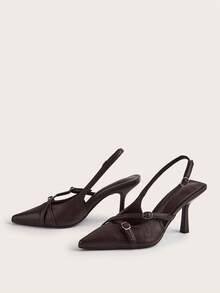 Pointed Toe Pumps, Patent Leather, Buckle Closure, Slim Heel, Suitable For Party, Banquet, Commute, Office Wear - Chocolate Brown - View 3