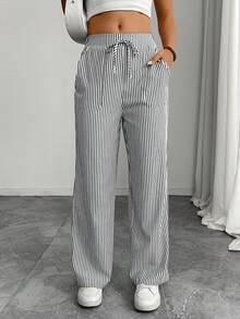 Quần ống đứng kẻ sọc có túi, kiểu dáng thanh lịch, thường ngày dành cho nữ, thích hợp cho mùa xuân/hè. - trắng - Xem 8
