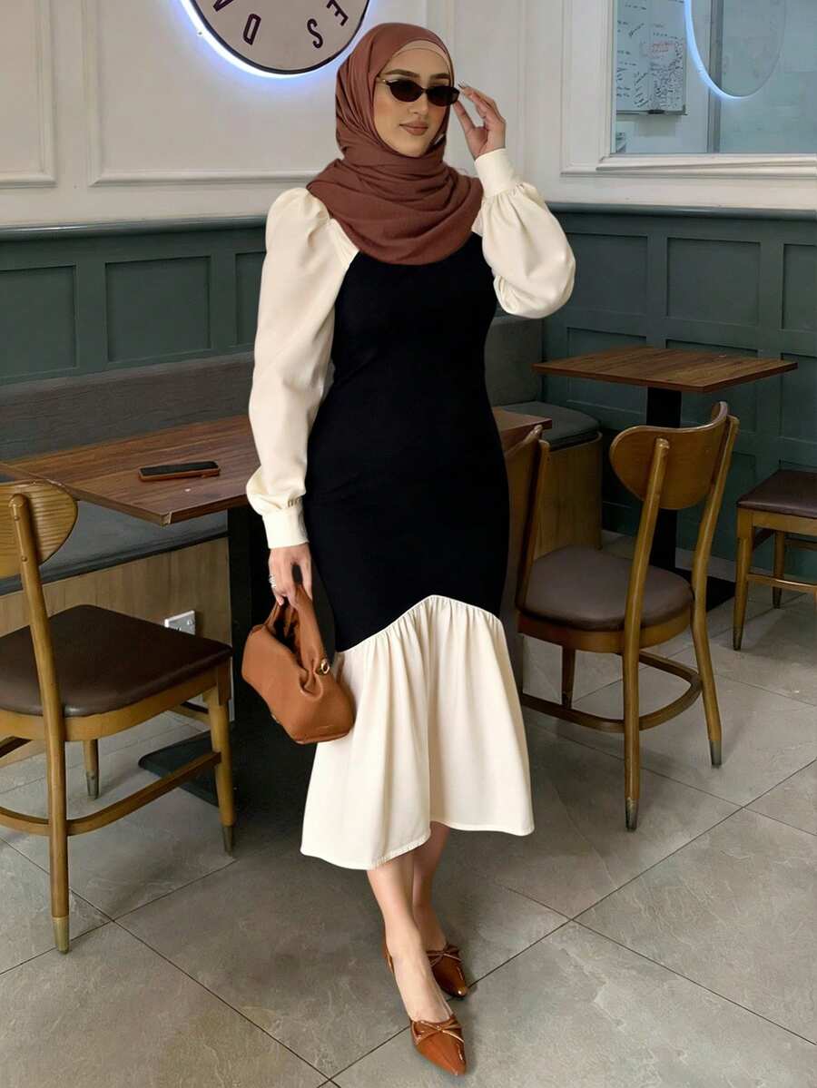 DAZY Elegant Spring Stylish Date Night Patchwork Puff Sleeve Fishtail Midi Dress For Women Prom Dress Elegant,Fall Dress Long Sleeve Dress - Black - View 1