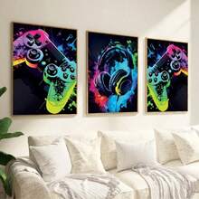 3 pièces/set Affiches sur canevas thème jeux vidéo, Œuvre murale thème jeux vidéo, Cadeau idéal pour les joueurs, garçons, adolescents, chambre, dortoir, décoration de maison, Œuvre murale casque de jeu coloré, Peinture sur canevas, Chambre, Salon, Couloir - multicolore - Voir 4