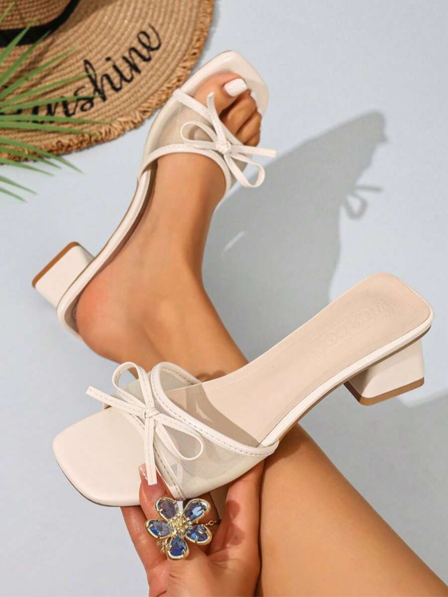 Giày sandal nữ thời trang mũi vuông gót trung bình với nơ trang trí, chất liệu vải lưới thoải mái, gót dày, thích hợp cho dự tiệc và mặc ở nhà. - Màu be - Xem 1