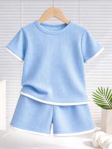 2-Piece Summer Boy's Set - Stylish And Modern T-Shirt And Shorts - Lightweight, Cool, And Comfortable - Màu xanh nhạt - Xem 1