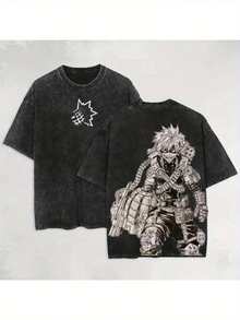 2026230g Washed Men's T-Shirt, Anime Print T-Shirt, Anime Streetwear, Otaku Style T-Shirt, Anime Enthusiast T-Shirt, High-Quality Wax Printed Cotton Retro Fashion Brand T-Shirt, Men's T-Shirt, Beach Must-Have, Men's Summer T-Shirt, Holiday Gift, Perfect Gift, Valentine's Day Gift - 黑色 - 查看 6