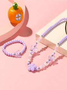 2pcs/Set Girls Cute Heart & Butterfly Beaded Necklace & Bracelet Set, Suitable For Daily Wear, Valentine's Day, Party, Girls Gift