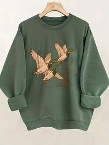 Sweat Shirt Women's Soft Plaid Duck Printing Hoodie - Plaid Round Neck Pullover, Flying Duck And Green Grass Design, Casual Long Sleeves All Year Round, Loose H-Shaped Version, Suitable For Daily Wear () Loose And Comfortable Valentine's Day - 杏色 - 查看 6