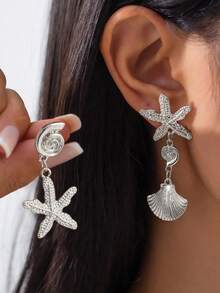1 pieza Pendientes de estrella de mar y concha para mujeres, elegante y clásico, moda vintage casual adecuado para playa, vacaciones, viajes, uso diario, fiestas callejeras, regalo (empaquetado en bolsa de OPP) - Plateado - Ver 2
