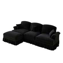 3-Seater Chenille Sofa With Funnel Armrests, Living Room Sofa With Movable Ottoman And Removable Ruffled Skirt, L-Shaped Modular Sofa For Living Rooms And Apartments - 黑色 - 查看 11