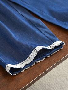 bearleader 2pcs/Set Girls' Fashion Outfit, Lace Camisole And Denim Effect Casual Pants, Summer