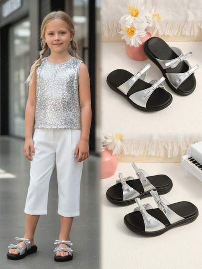 1双银色软皮幼儿/小女孩Boken凉鞋，蝴蝶结装饰，圆头，2厘米厚弹力鞋底，时尚休闲沙滩拖鞋，适合3-15岁学生，春夏款